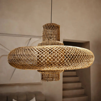 Sustainable organic woven wicker hanging lantern featuring natural bamboo textures.
