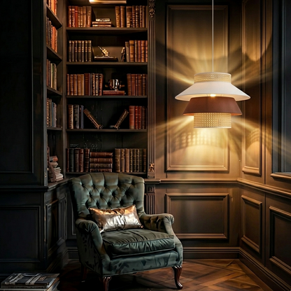 Cozy rattan and fabric pendant light providing the perfect warm, focused light for a reading nook.