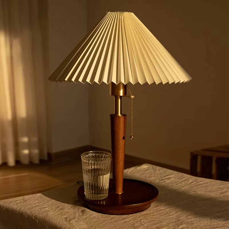 Pleated Fabric Shade Wooden Base Table Lamp with Brass Pull Chain Switch for Organic Modern Lighting