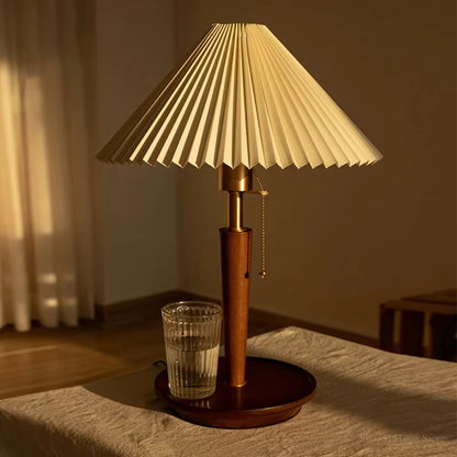 Pleated Fabric Shade Wooden Base Table Lamp with Brass Pull Chain Switch for Organic Modern Lighting