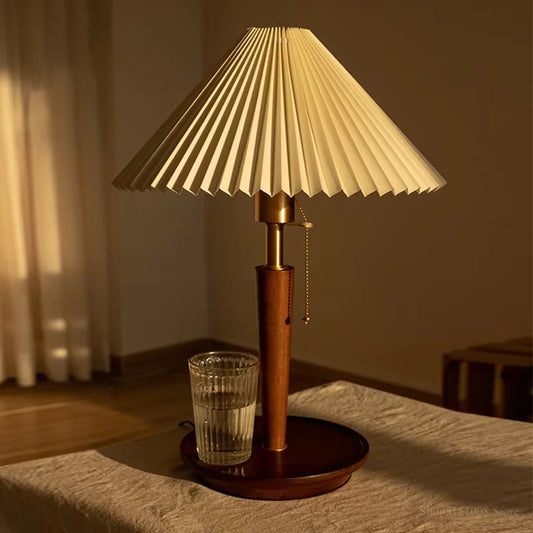 Pleated Fabric Shade Wooden Base Table Lamp with Brass Pull Chain Switch for Organic Modern Lighting