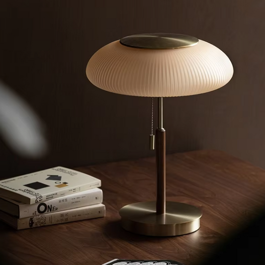 Pleated Frosted Glass Shade Table Lamp with Walnut Wood Stem and Brushed Brass Base for Organic Modern Lighting