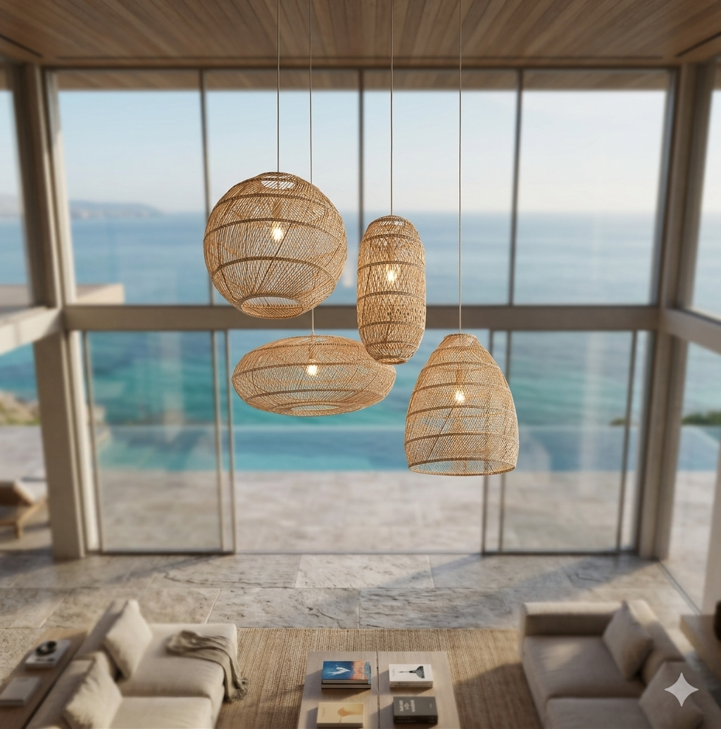 A collection of four unique handwoven rattan pendant lights in various shapes