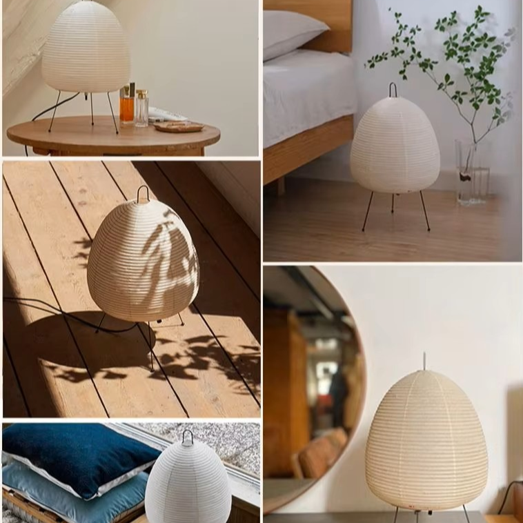 A collage of six lifestyle photos showing a ribbed paper lantern table lamp in various home settings, including beside a bed, on a wooden floor, and on a side table.