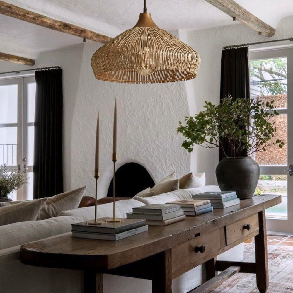 Stylish rattan hanging lamp used to create a warm and inviting atmosphere in a cafe