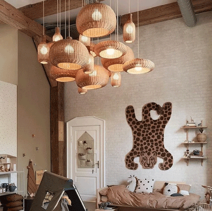 A cluster of three unique rattan pendant lights creating a warm focal point
