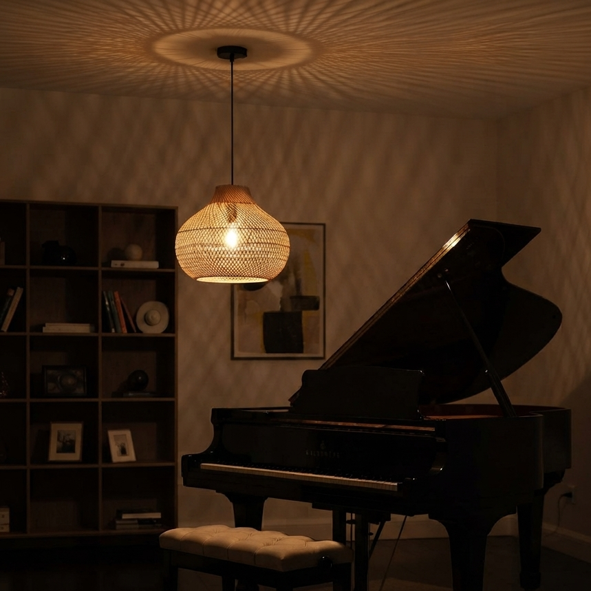 A beautiful rattan pendant light hanging above a black grand piano in a cozy, dimly lit room with warm ambient lighting.