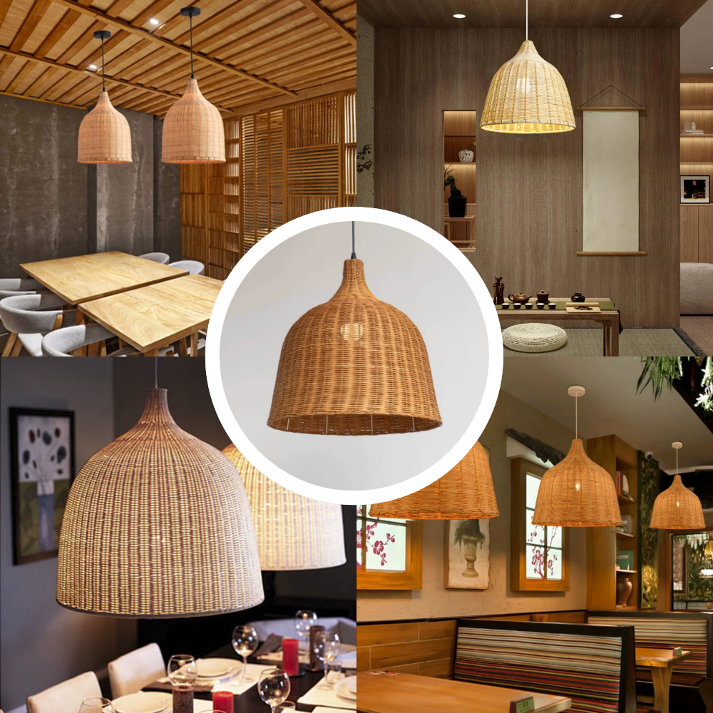 Stylish rattan pendant light used to create a warm atmosphere in a cafe decor.