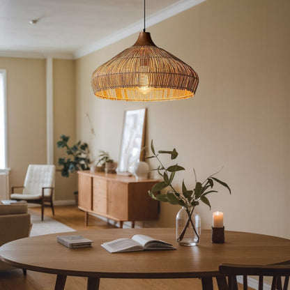 Decorative rattan pendant light installed in a comfortable and cozy living room