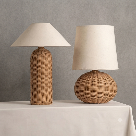 Eco-friendly rattan and cloth table lamp designed to provide warm, focused task lighting for home office workspaces.