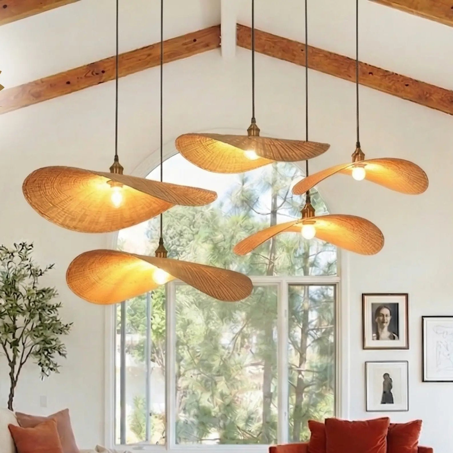 Ren Leaf Cluster Wicker Rattan Pendant Light in Boho Living Room
