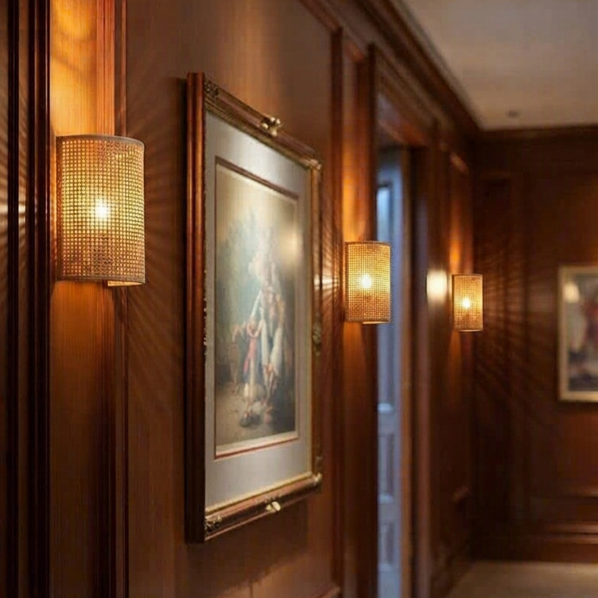 Resort villa natural rattan wall light accentuating tropical architecture with natural handcrafted detail.