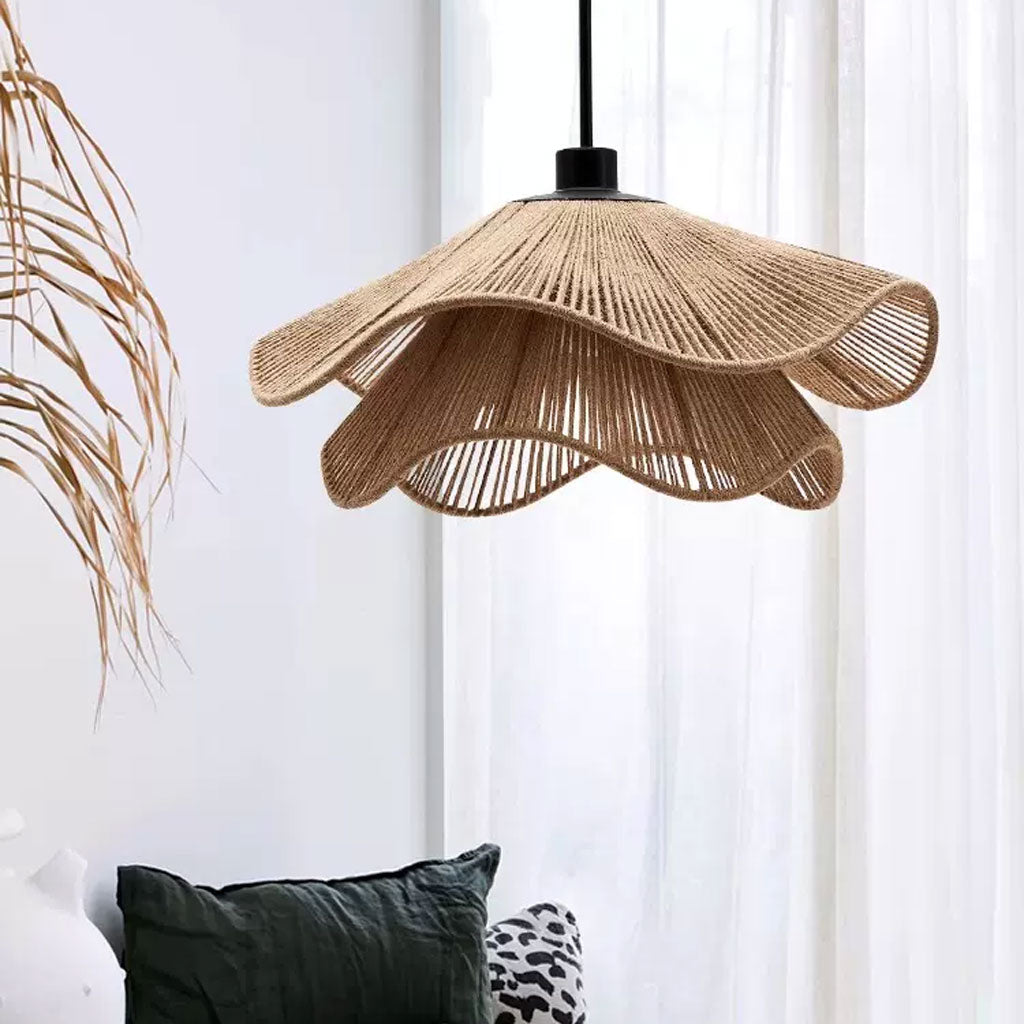 Rustic natural hemp pendant lamp comparison between on and off modes