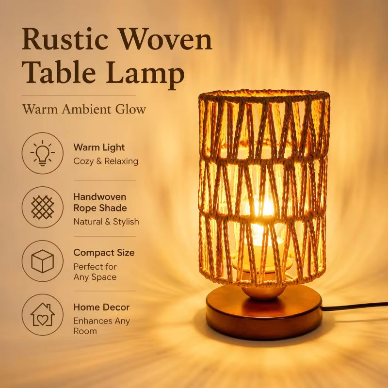 A rustic woven rope table lamp with a warm glowing light, set against a warm beige background with descriptive text highlighting its features.