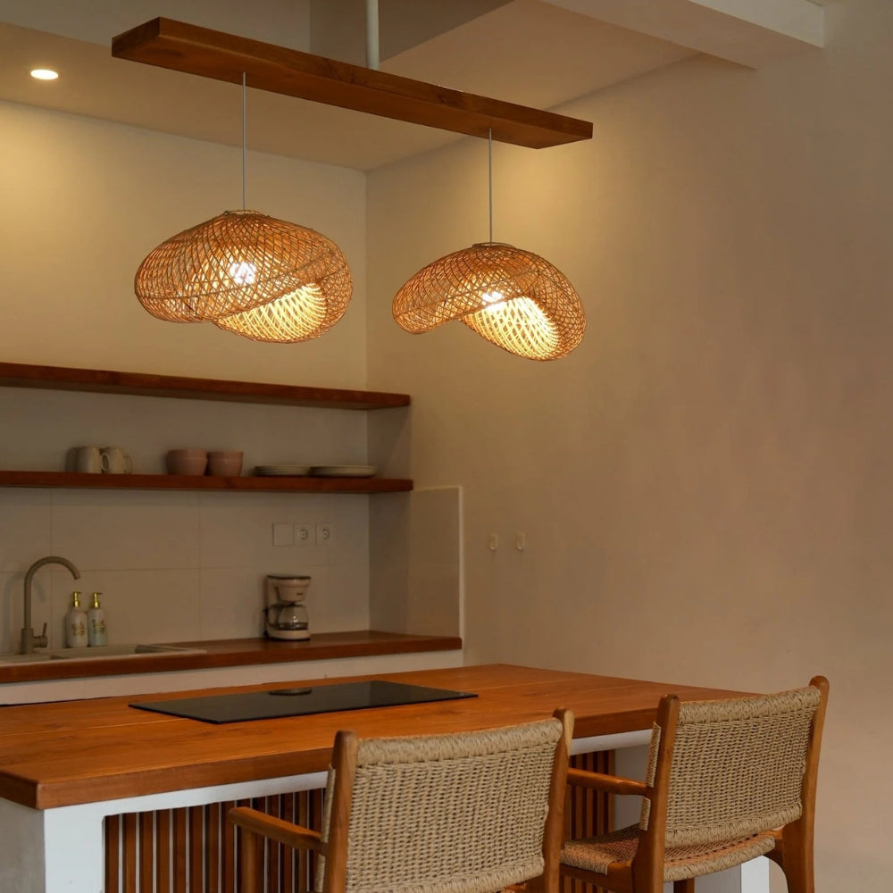 Rustic woven pendant lighting adding texture to a minimalist interior space.