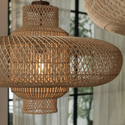Minimalist Scandi-inspired natural fiber pendant lamp, handcrafted from eco-friendly rattan materials.