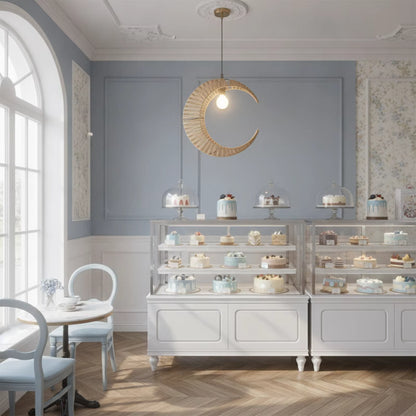 A styled bakery interior with white display cases filled with cakes and pastries under glass domes, set in a room with pale blue walls, wood flooring, and a hanging crescent moon pendant light.
