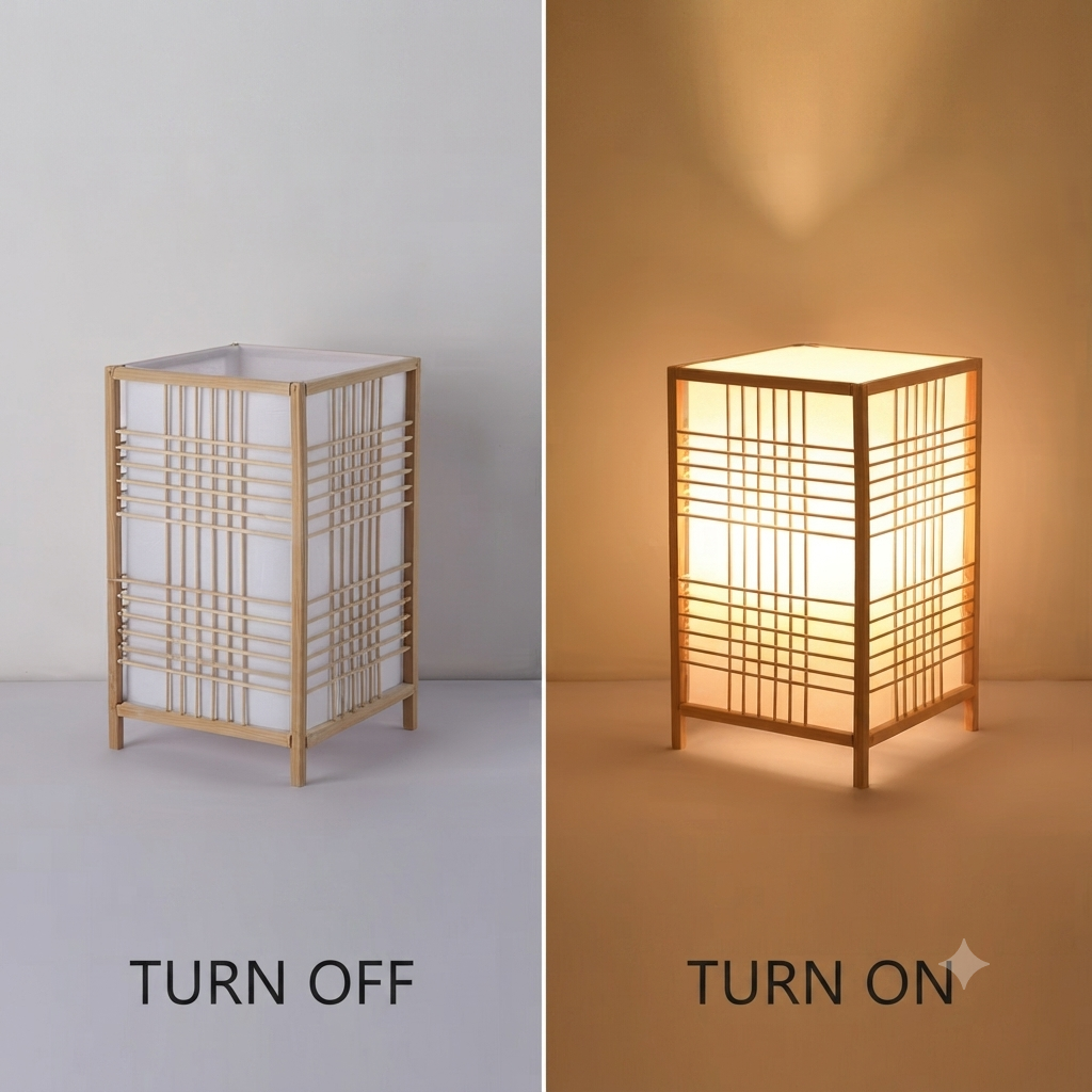 Japanese zen style shoji table lamp with a wooden grid structure, delivering warm, relaxing light for bedroom nightstands.