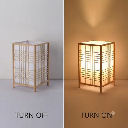 Japanese zen style shoji table lamp with a wooden grid structure, delivering warm, relaxing light for bedroom nightstands.