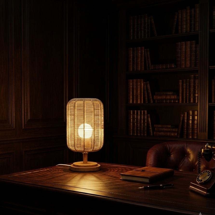 A warm, glowing table lamp with a woven rattan shade sits on a dark wooden desk in a vintage study, with a leather chair and bookshelves in the background.