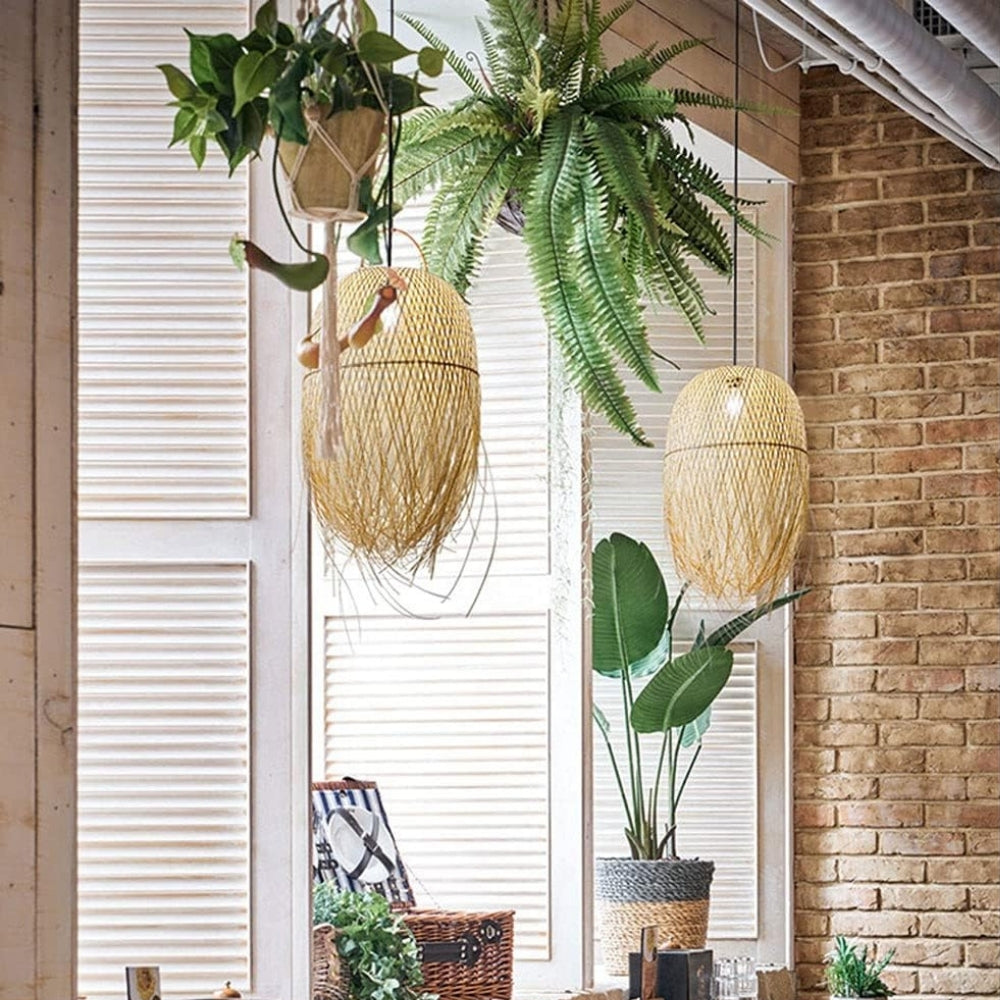 Organic Wabi-Sabi bamboo fringe pendant light for luxury resort suite interiors