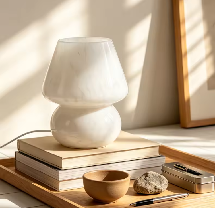 : Minimalist solid white glass mushroom lamp featuring a sleek dome shape, ideal for clean modern bedroom aesthetics.