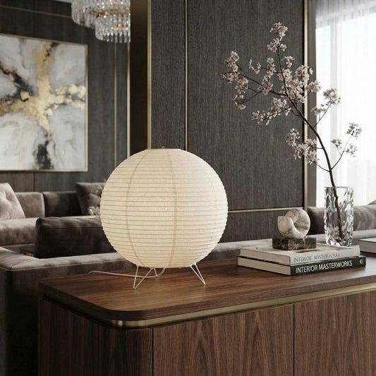 Spherical Rice Paper Lantern Table Lamp with Wire Tripod Base and Warm Glow