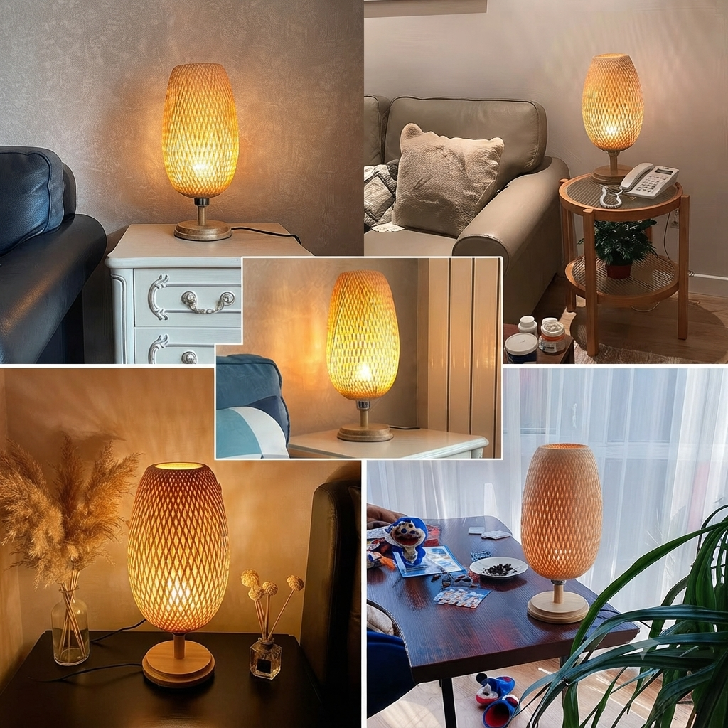 A six-panel collage showing a woven rattan-style table lamp in different home settings. The lamp has a warm glowing light and a natural tan/beige textured shade on a light wood base.