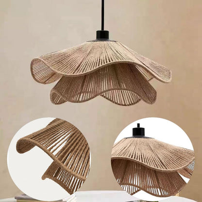 Textured natural hemp fiber pendant shade creating soft light