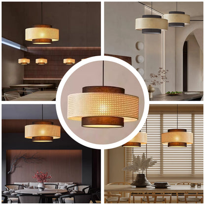 Textured woven pendant light fixture adding warmth to home