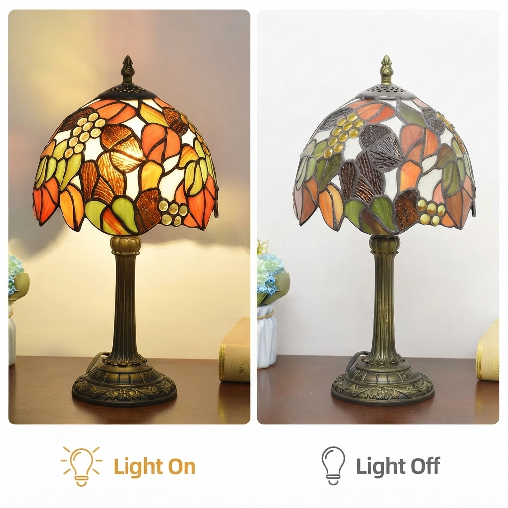 Classic Tiffany-style accent lamp with a stained glass grape design, perfect for adding vintage warmth to study desks.