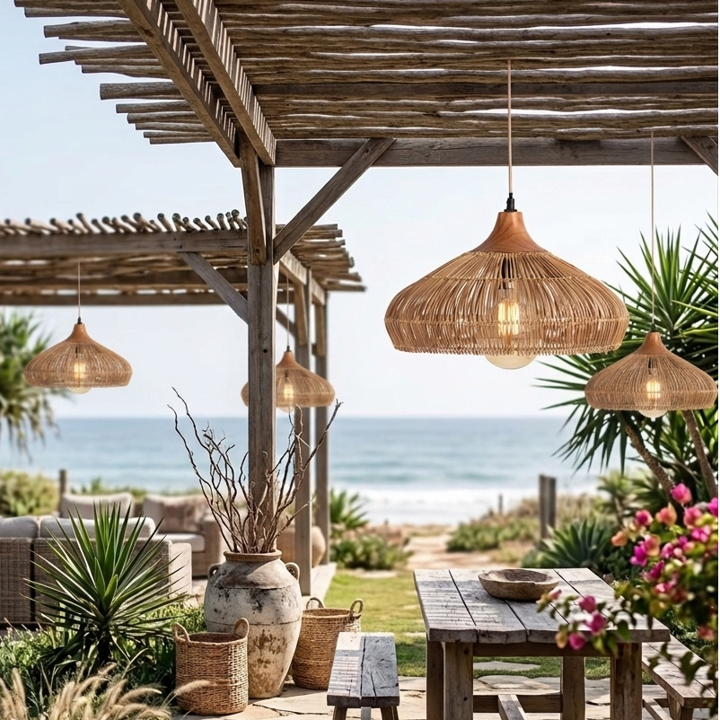 Natural rattan pendant light, ideal for luxury tropical resort and villa interiors