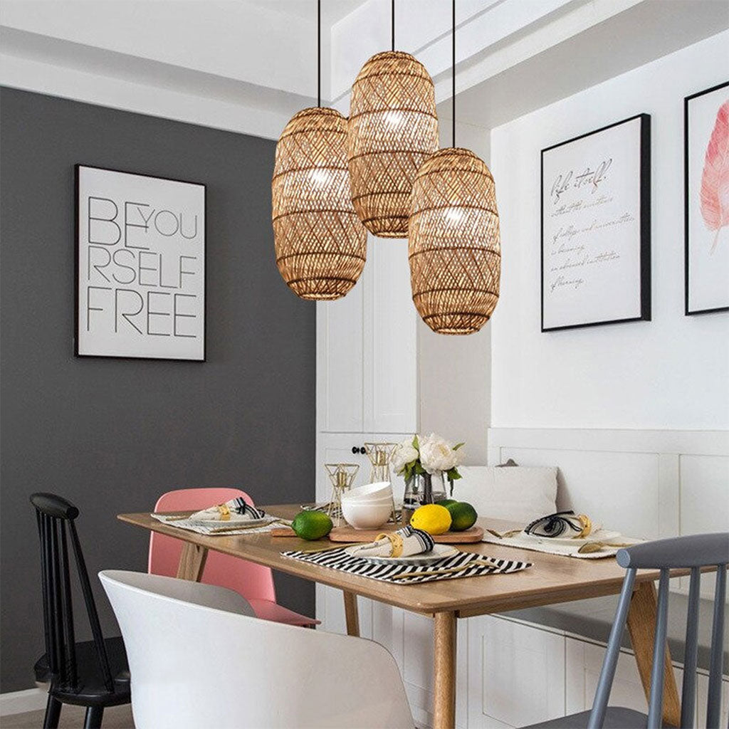 A cluster of unique-shaped rattan hanging fixtures for modern interior design