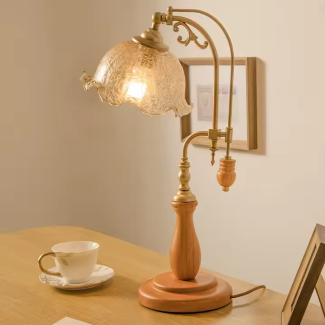 Vintage Brass, Wood, and Glass Table Lamp in Retro Style with Elegant Gooseneck Arm