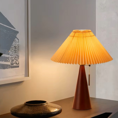 Vintage Pleated Shade and Wooden Cone Table Lamp with Retro Pull Chain Charm