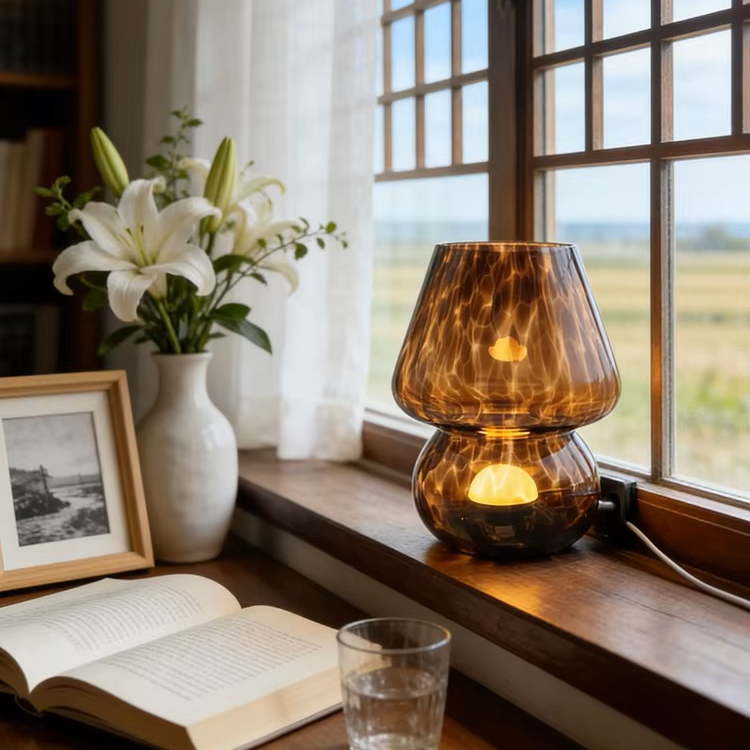 A warm amber glass table lamp with a textured, honeycomb-like pattern sits on a wooden windowsill next to a window. The scene is styled with a white vase of lilies, an open book, a glass of water, and a framed picture in a cozy, sunlit room.