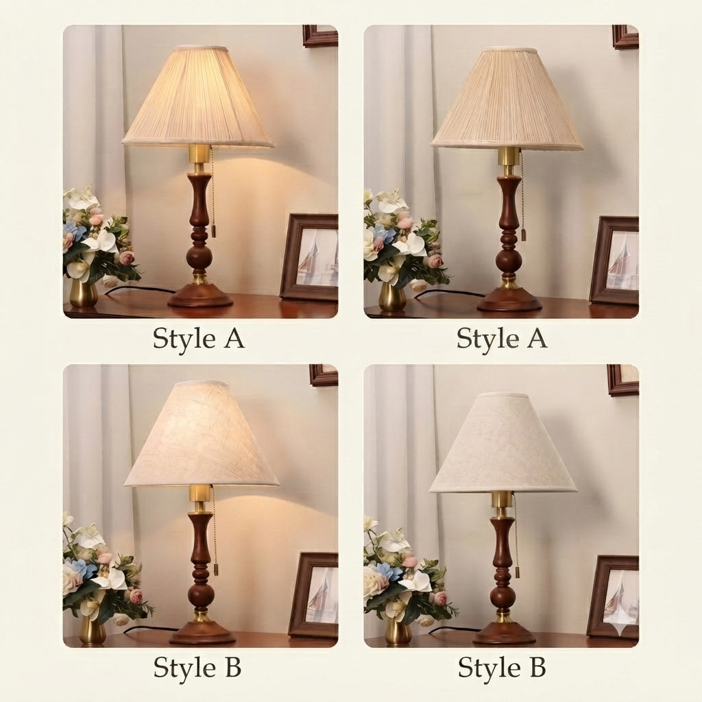 Vintage retro style wooden table lamp with a classic conical shade, creating a nostalgic atmosphere in living room lounges.