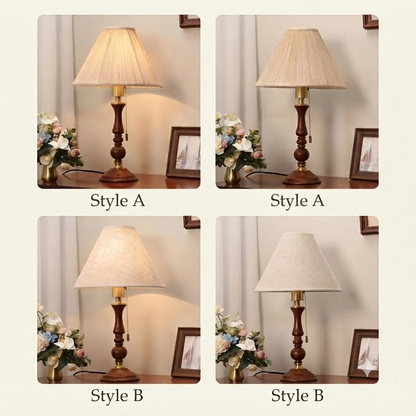 Vintage retro style wooden table lamp with a classic conical shade, creating a nostalgic atmosphere in living room lounges.