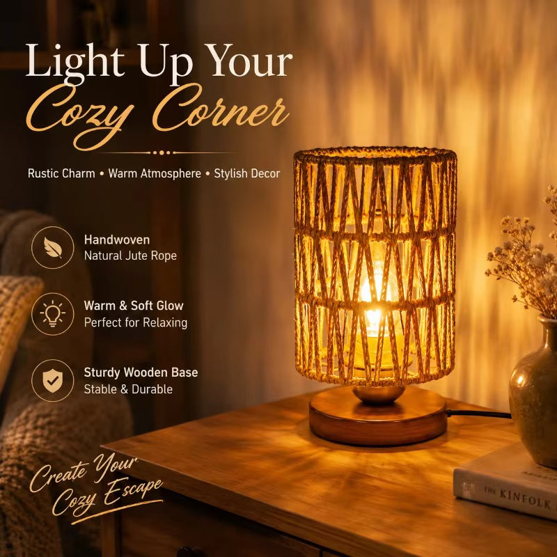 A warm, glowing table lamp with a handwoven natural jute rope shade and a round wooden base, placed on a wooden table in a cozy room setting. The image includes promotional text highlighting the lamp's features: rustic charm, warm atmosphere, stylish decor, handwoven natural jute rope, warm soft glow, sturdy wooden base, and creating a cozy escape.