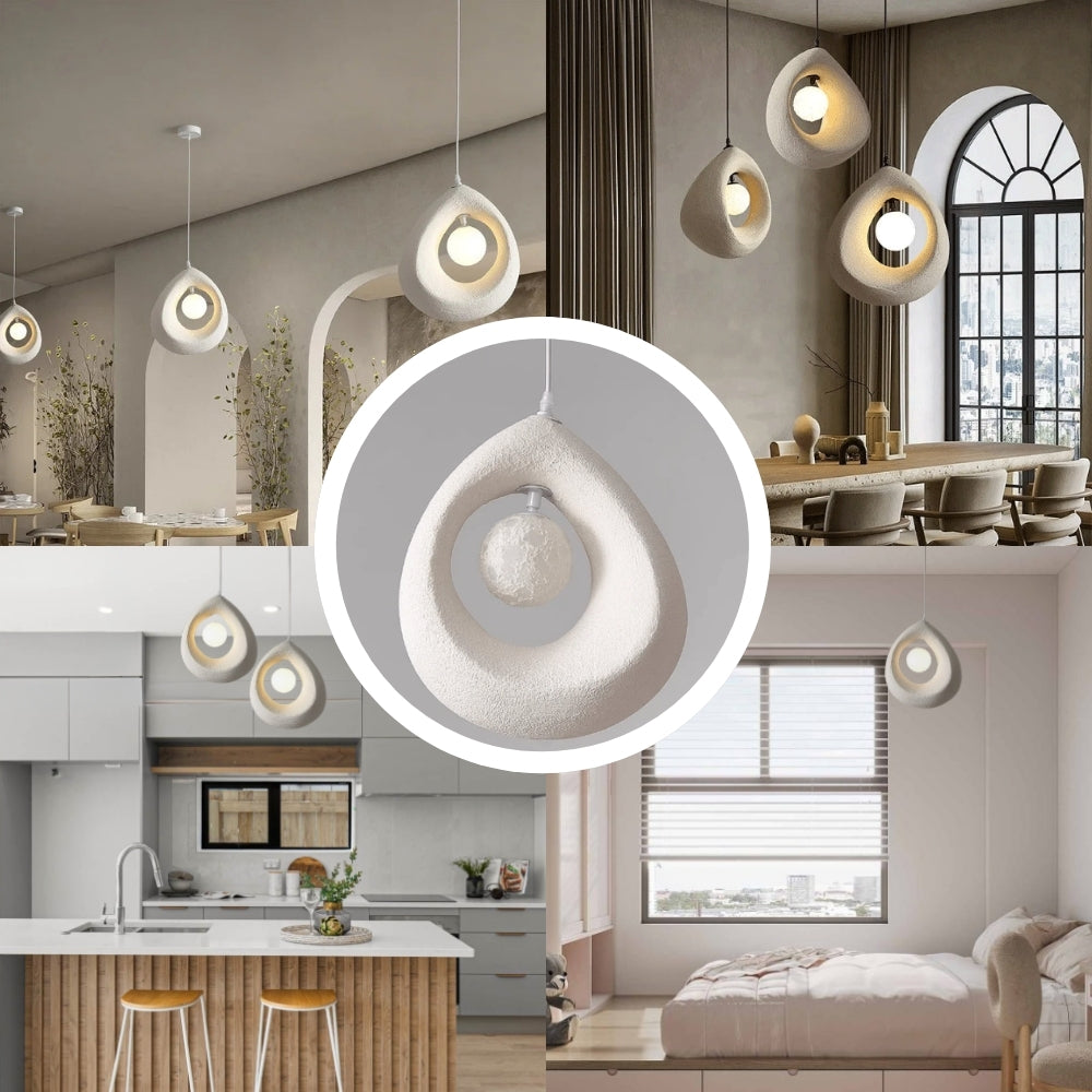 Wabi-sabi inspired textured pendant fixture with warm glowing bulb