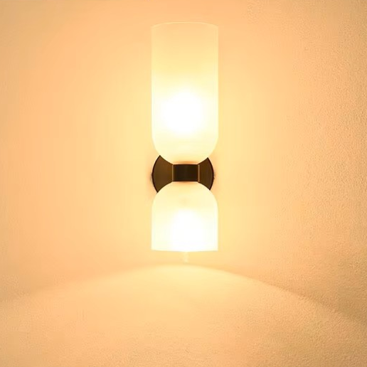 Handmade eco-friendly copper and glass wall lamp providing safe, health-conscious ambient illumination in a bedroom.