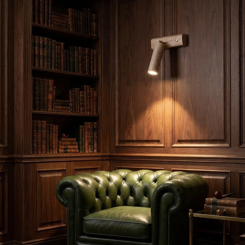 Organic modern handmade wood and stone wall sconce utilizing sustainable materials for a safe reading corner.