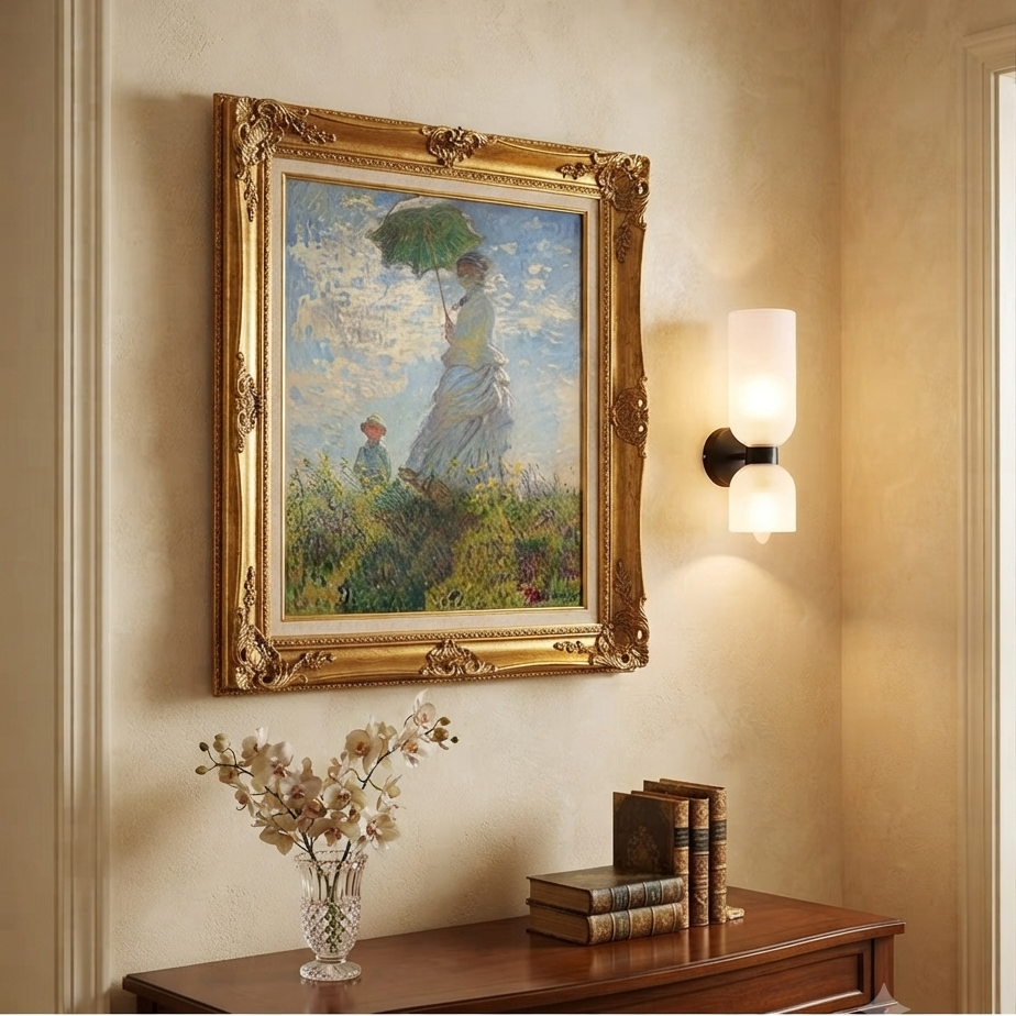 Scandinavian lighting style copper and glass wall sconce offering bright, clean illumination for an entryway.