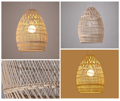 A set of rattan hanging lamps casting a warm, inviting glow in a modern home.