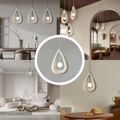 White textured teardrop light fixture in a Japandi living space