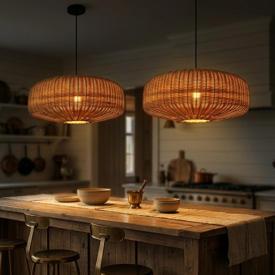 Wicker basket pendant lights hanging over a farmhouse style kitchen island with metal bar stools.
