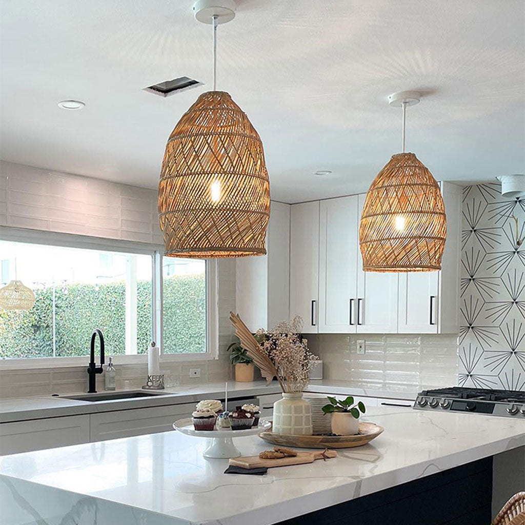 Beautiful wicker pendant light providing warm and inviting lighting.