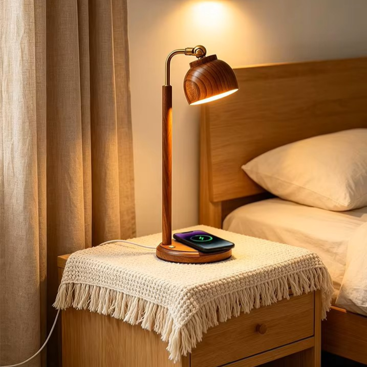 A wooden bedside table in a bedroom setting, featuring a modern adjustable desk lamp with a warm glowing shade and a built-in wireless charging base. A cream-colored fringed throw blanket is draped over the table, with a bed and curtains visible in the background.
