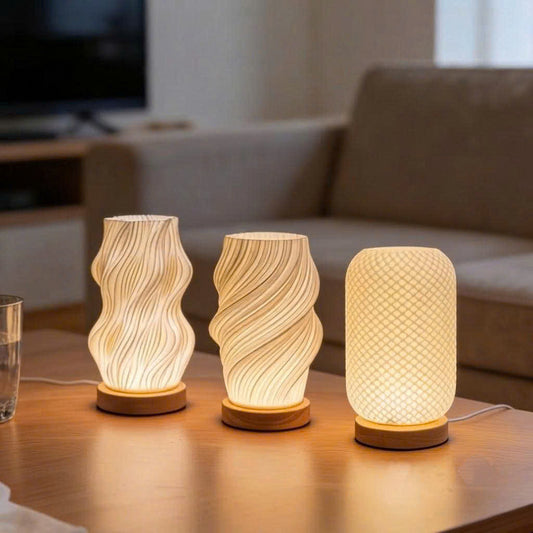 Wood Base and ABS 3D Printed Shade LED Desk Lamp with Tri-Color USB Wired Control for Organic Modern Lighting