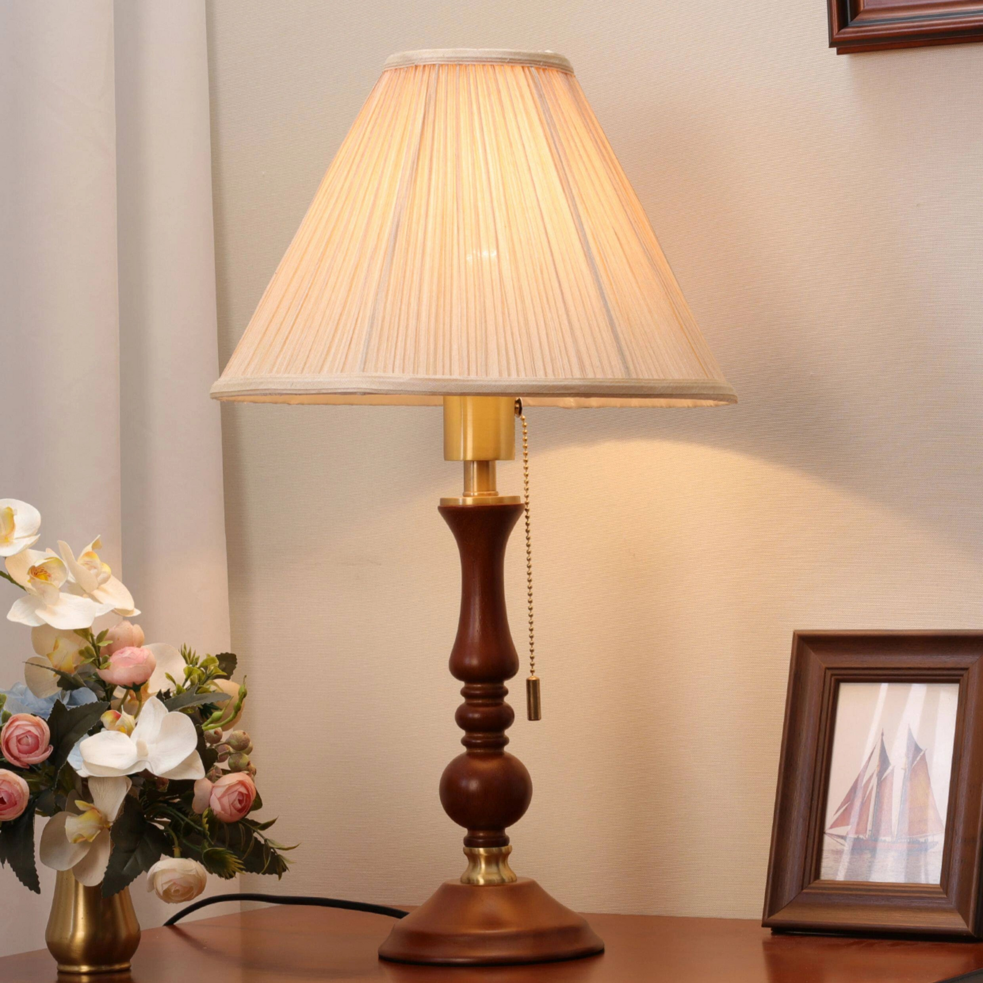 Organic Wabi-sabi style wooden desk lamp crafted from natural wood and linen fabric, perfect for a cozy study room.
